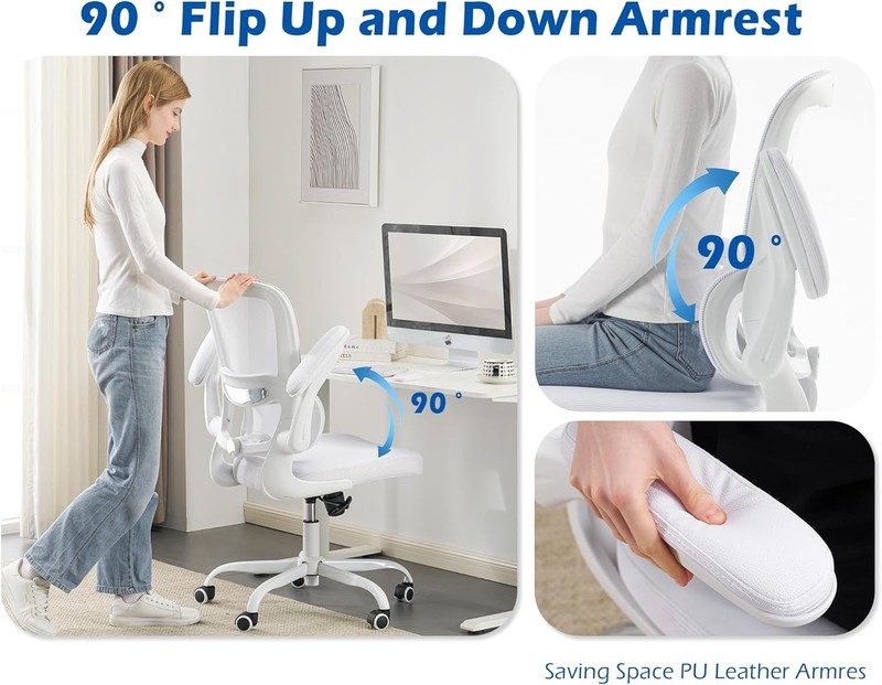 White Leather Ergonomic Office Chair with Flip Up Armrests gallery
