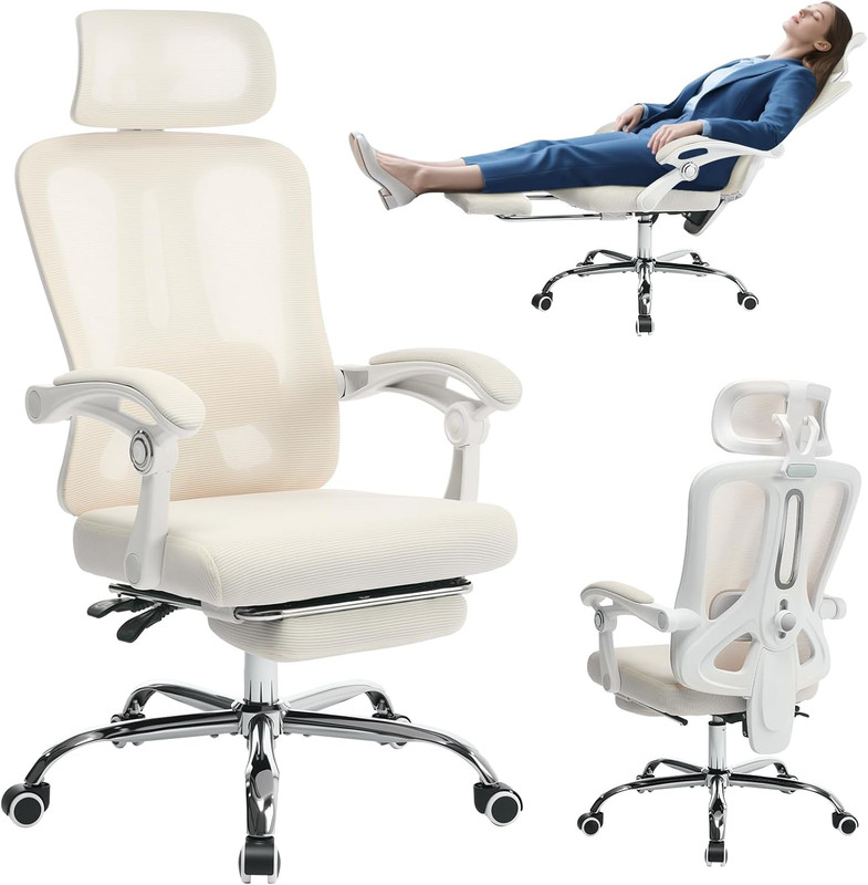 Beige Ergonomic High Back Office Chair with Footrest & Lumbar Support