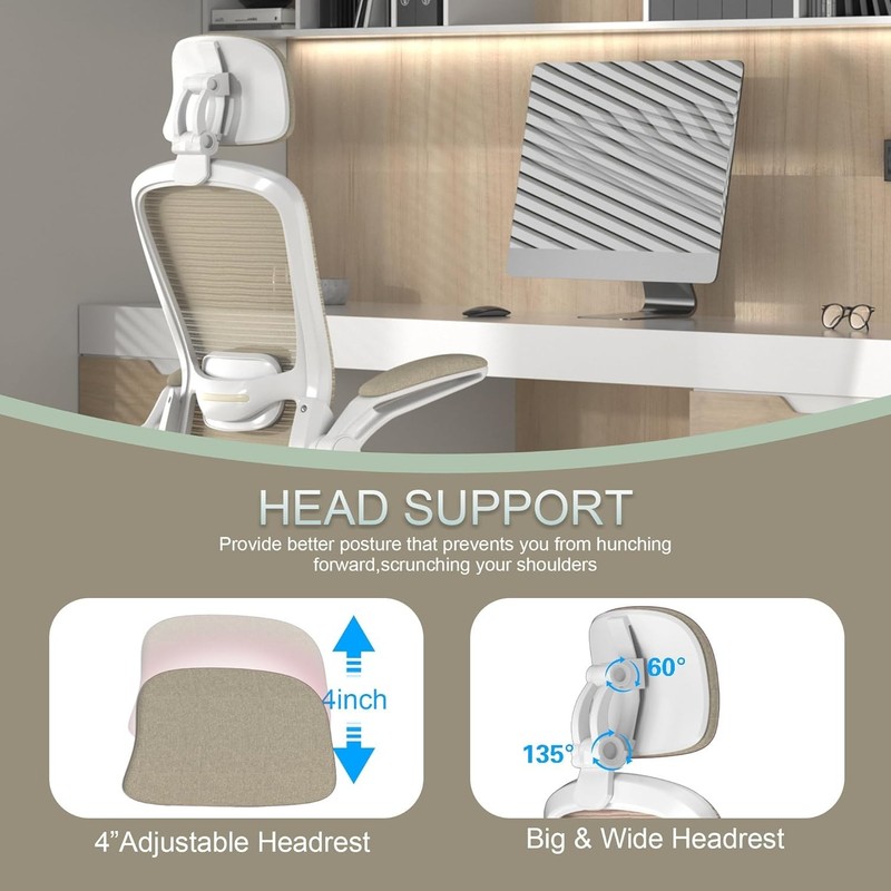 Deluxe Office Chair Beige Swivel Adjustable Lumbar Headrest Flip Arms gallery