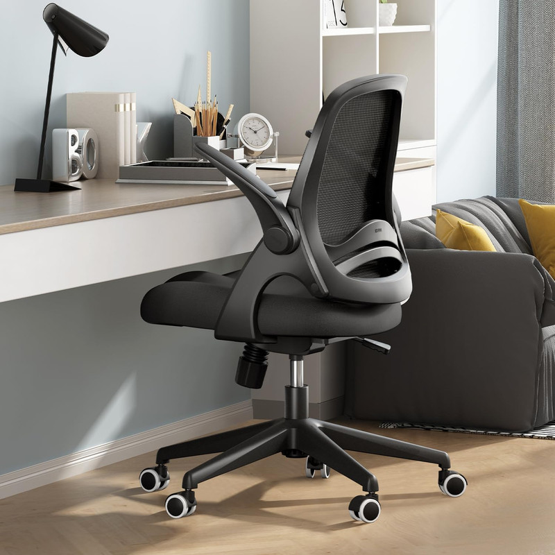 Ergonomic Office Desk Chair with Flip-Up Armrests and Mesh Backrest, Black