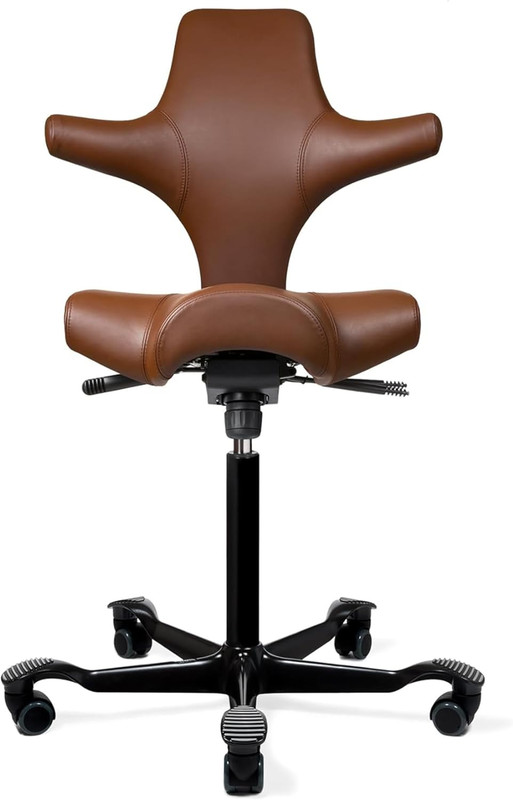 Capisco Adjustable Sit-Stand Desk Chair – Black Frame, Tan Leather Seat