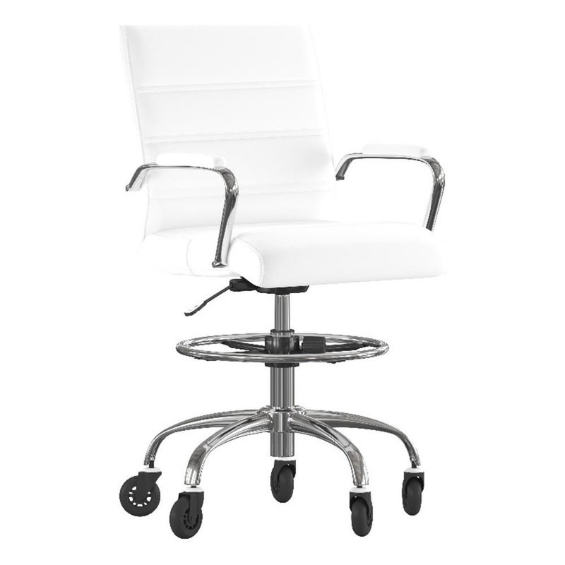 Drafting Chair with Roller Wheels Adjustable Foot Ring – White LeatherSoft