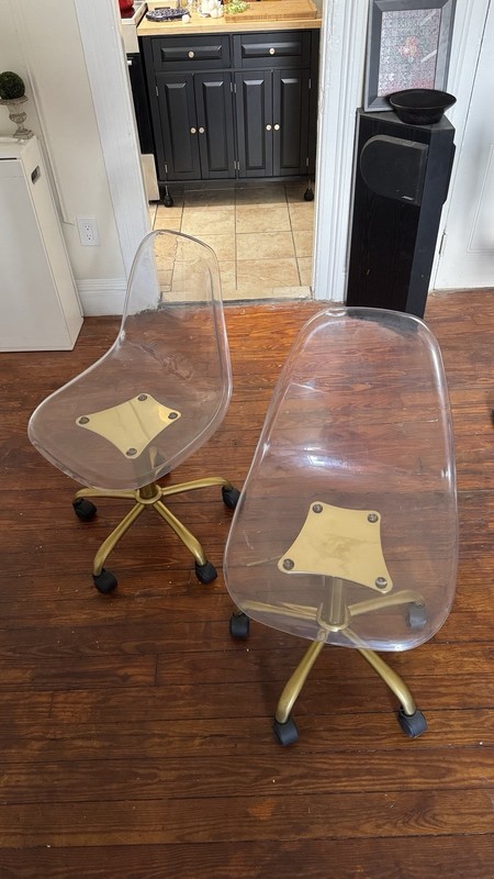 HOMEFUN Pair Clear Acrylic Office Chairs Gold Base with Wheels