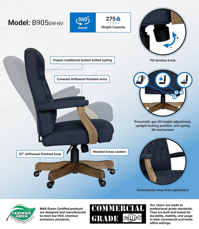 BOSS Executive Navy Commercial Grade Linen Chair With Driftwood Finish Frame gallery