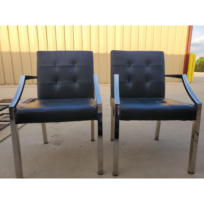 Set of Two Quality Chrome & Tufted Black Leather Office Style Arm Chairs Modern gallery