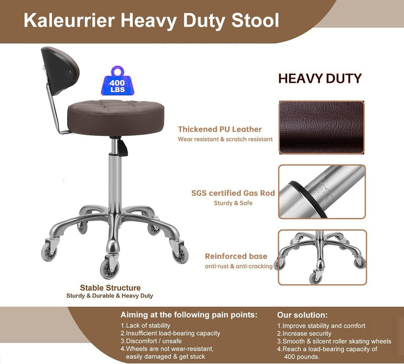 Adjustable Swivel Stool with Back Rest - Heavy Duty Rolling Chair (Coffee) gallery