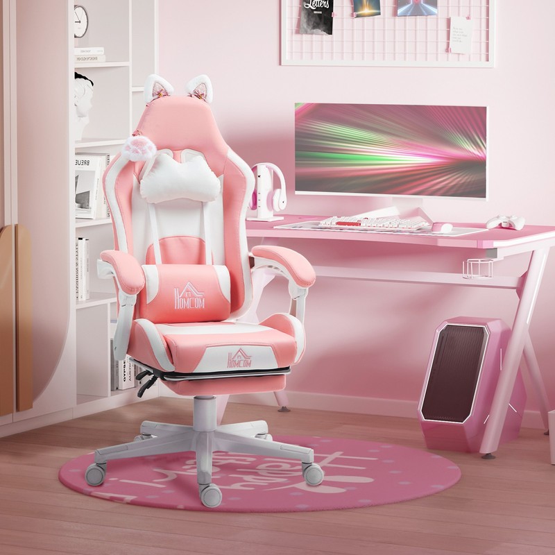 Cute Gaming Chair, Reclining Gamer Chair with Footrest, Pink