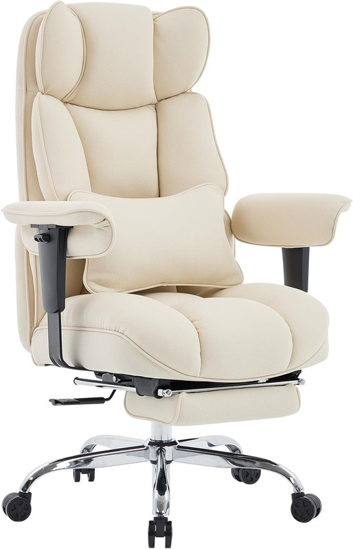 Big & Tall Ergonomic Office Chair with Footrest - Breathable Mesh, Beige
