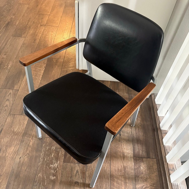 United Chair Company Black Fabric Leather Seat Walnut Arms Vintage Mid Century