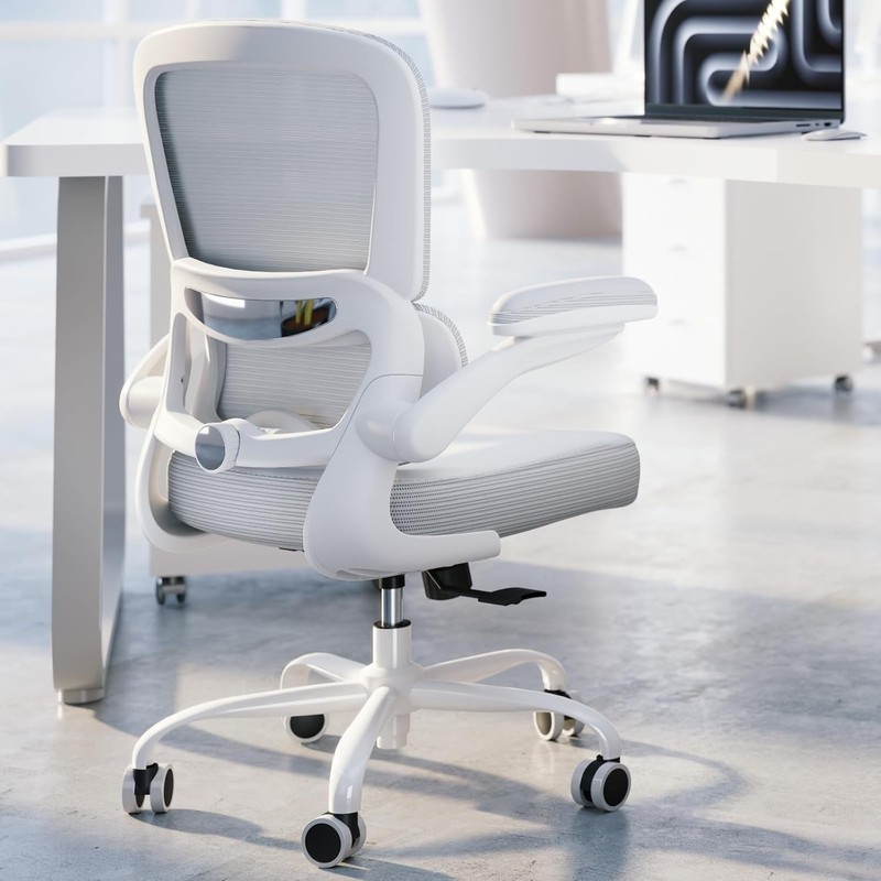 White Leather Ergonomic Office Chair with Flip Up Armrests