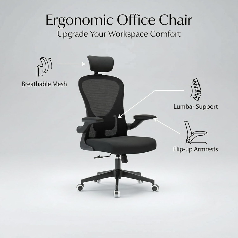 Ergonomic Office Chair with Lumbar Support & Flip-Up Armrests - Black gallery