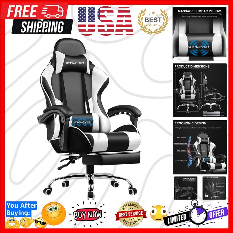 Gaming Chair, Computer Chair with Footrest and Lumbar Support, Height Adjusta...