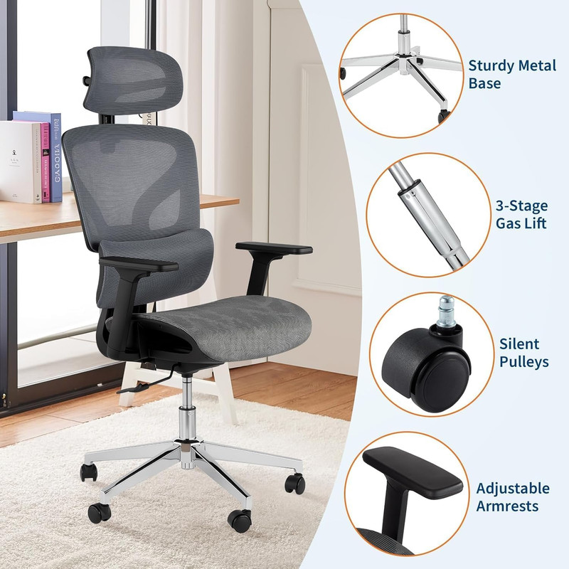 Ergonomic Oversized Office Chair - 440LBS, Adjustable, 3D Armrests, Gray gallery