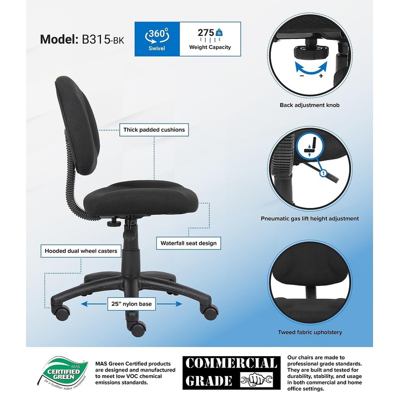 Boss Black Deluxe Posture Chair, Model Number: 217EBONY No Arms Task Chair gallery