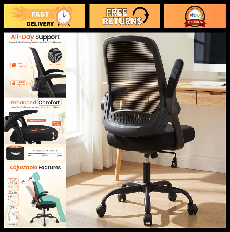 Ergonomic Mesh Office Chair with Flip-up Arms, Adjustable Height, Lumbar Support