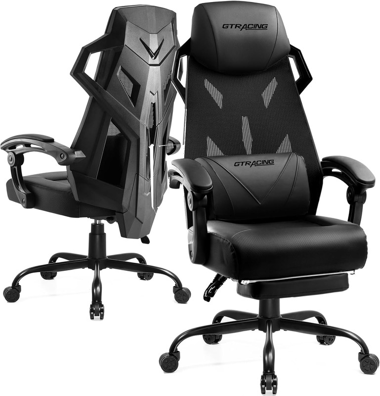 Ergonomic Gaming Chair with Footrest, Mesh Back & Adjustable Support (Black)