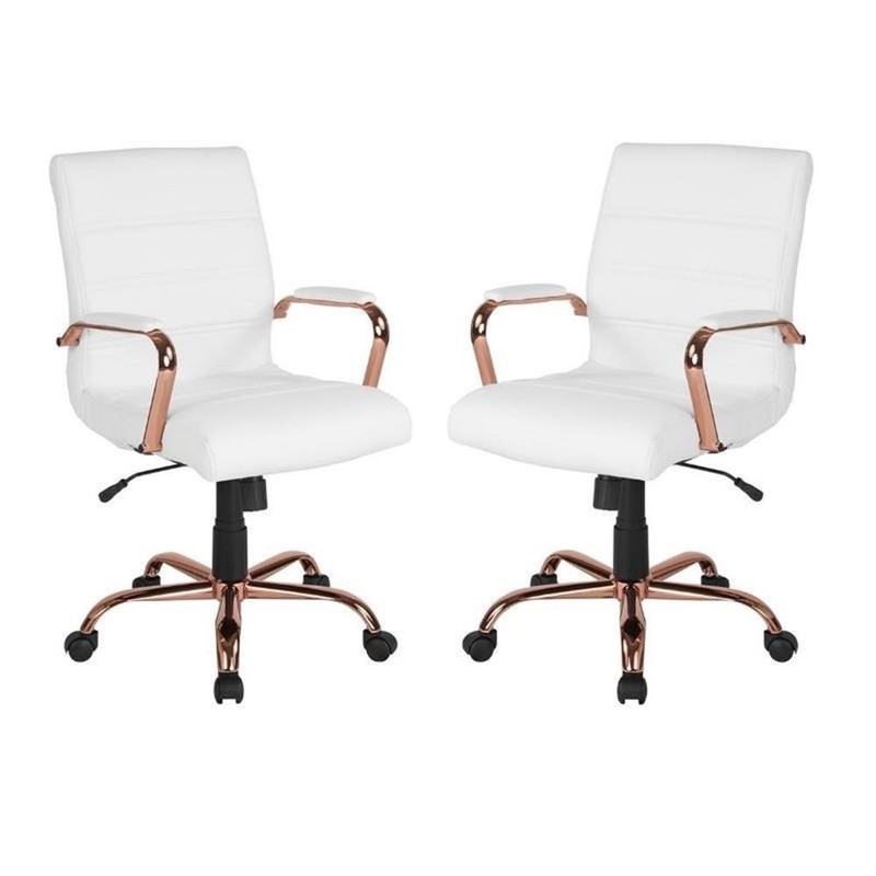 Home Square 2 Piece Mid Back Leather Office Chair Set in White and Rose Gold