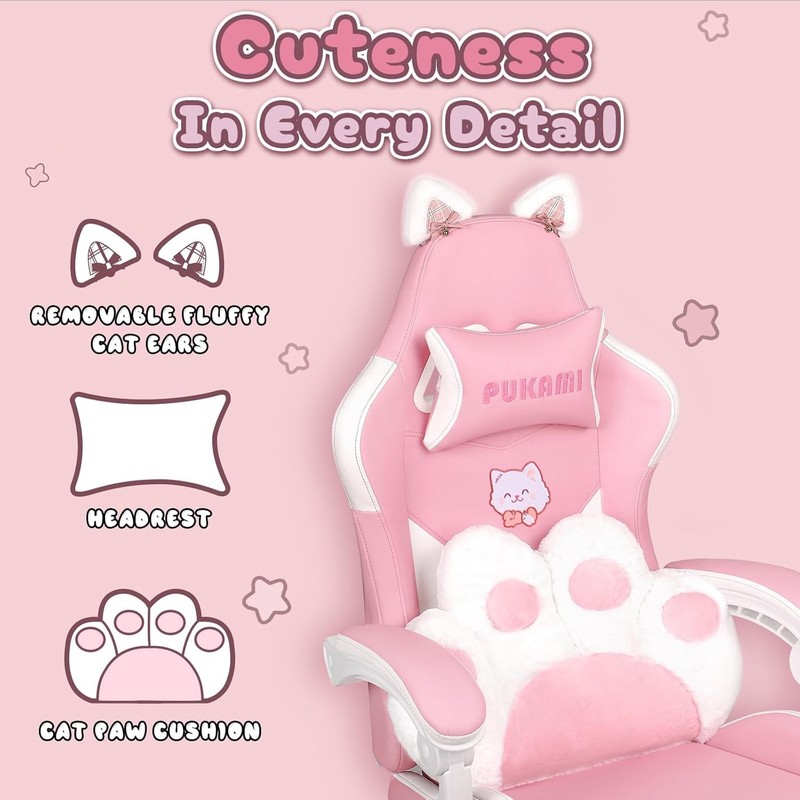 Pink Gaming Chair Cute W/ Cat Ears & Cat Paw Lumbar Cushion Ergonomic Computer gallery