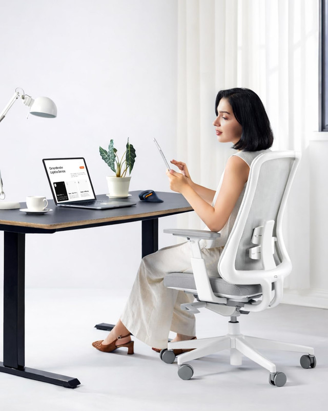Stylish Ergonomic Office Chair with Lumbar Support & 4D Armrests – White