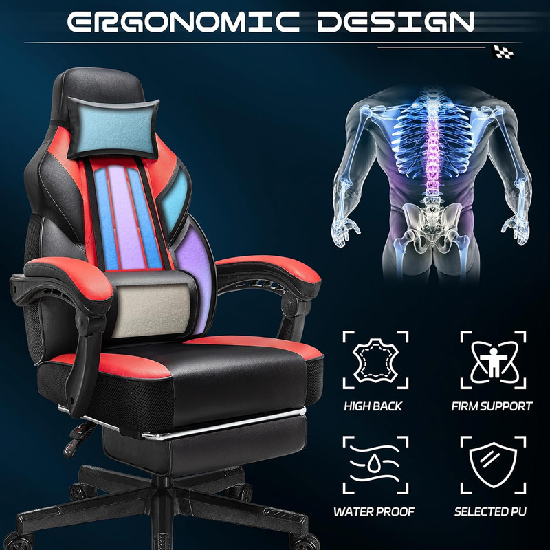 Ergonomic Gaming Chair with Footrest & Massage Support - 330Lb Capacity (Red) gallery