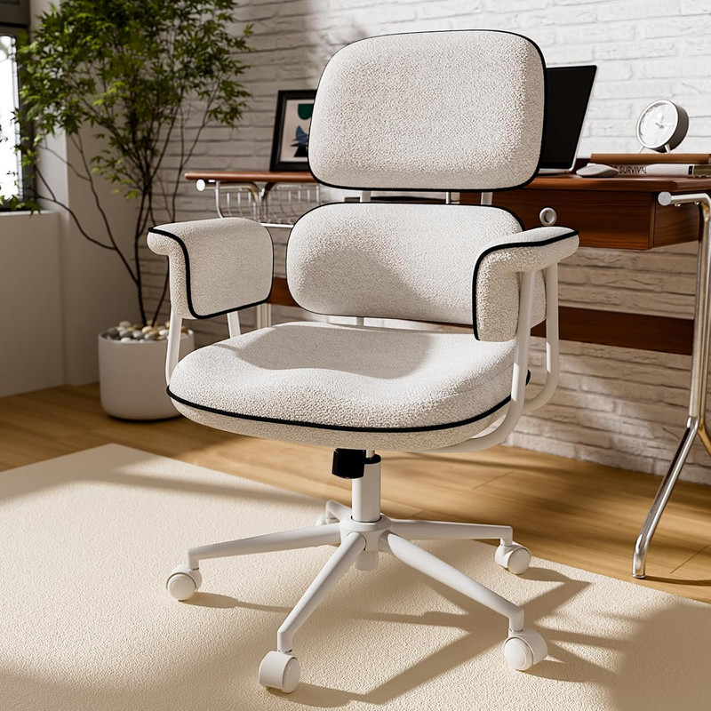 White Mid Century Office Chair with Memory Foam, Adjustable Height & Wheels
