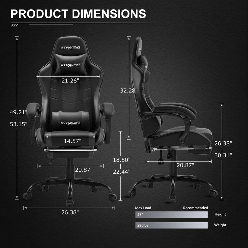 GTRACING GTWD-200 Gaming Chair with Footrest, Adjustable Height, and Reclining gallery