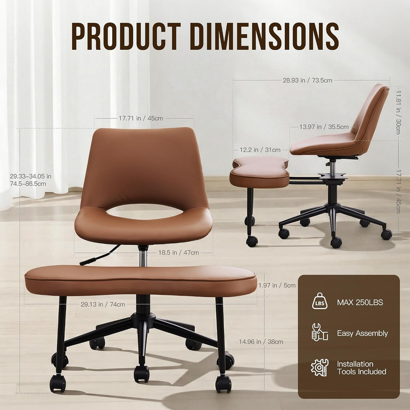 Ergonomic Cross Legged Office Chair with Lumbar Support & Wheels - Brown gallery