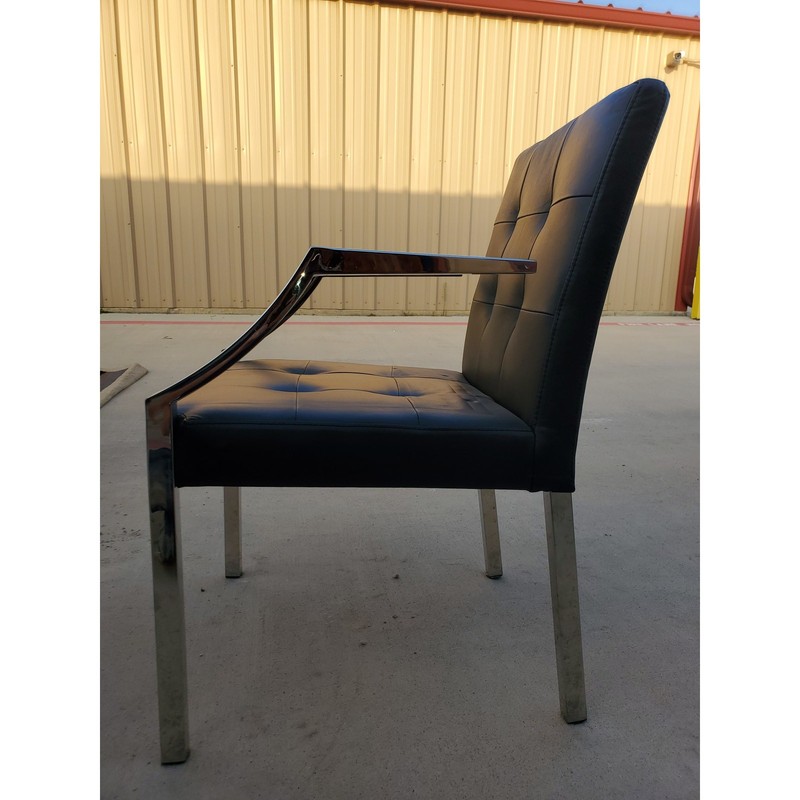 Set of Two Quality Chrome & Tufted Black Leather Office Style Arm Chairs Modern gallery