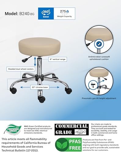 Medical Spa Stool Beige, Ergonomic Rolling Chair, Adjustable Height, 250 lb Capa gallery