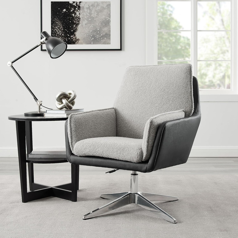 Stylish Adjustable Swivel Chair with Black Faux Leather & Grey Sherpa Cushion gallery
