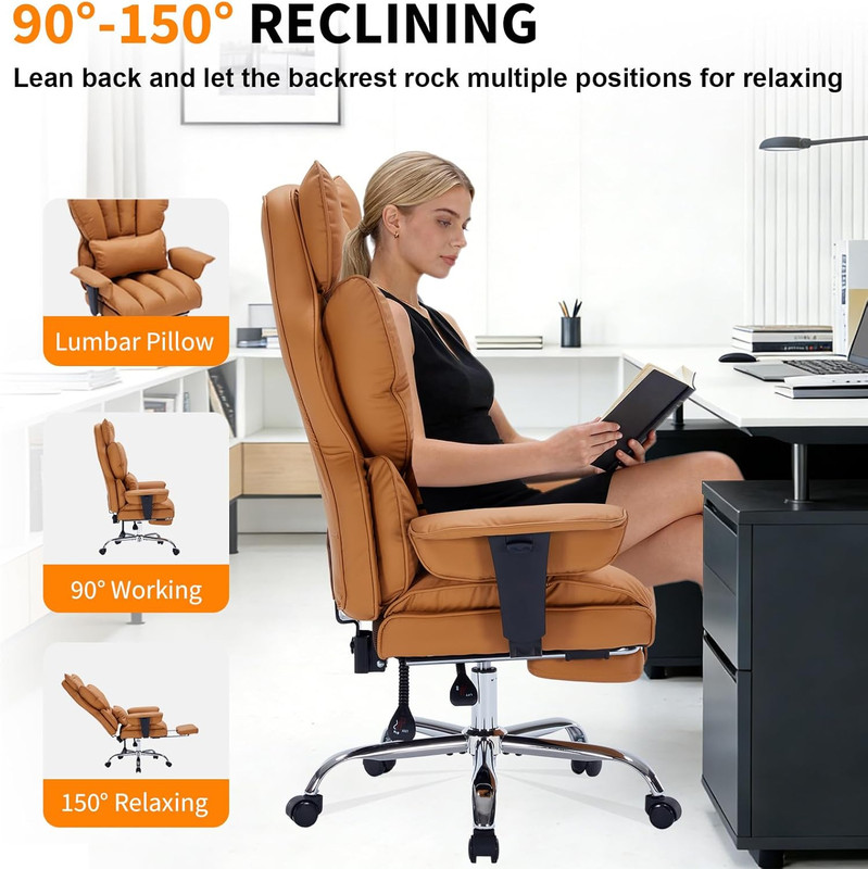 Big & Tall Ergonomic Office Chair with Footrest, 400Lbs, Brown Leather gallery