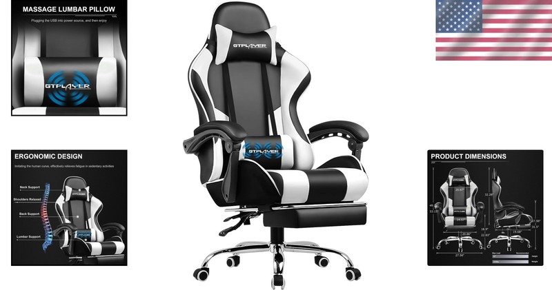 Ergonomic Gaming Chair, Reclining, Footrest, Lumbar Support, White gallery