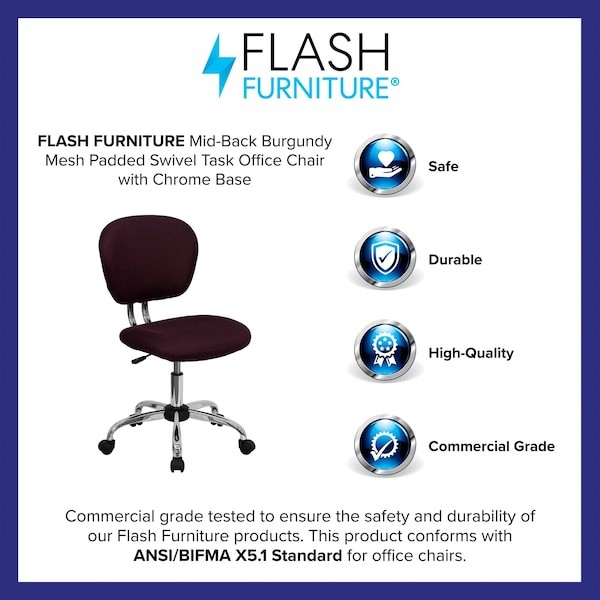 FLASH FURNITURE H-2376-F-BY-GG Task Chair, 17-1/4" to 21", Burgundy gallery