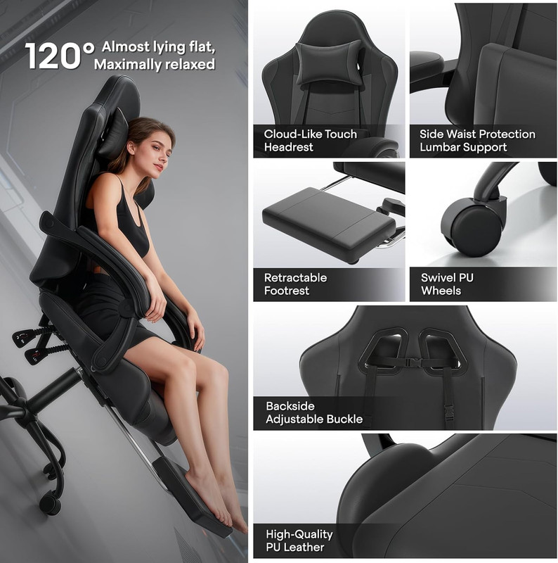 Ergonomic Gaming Chair with Footrest & Lumbar Support - Carbon Fiber Black gallery