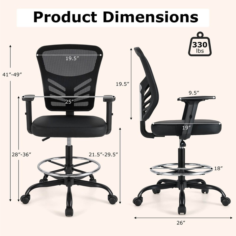 Costway Mesh Drafting Chair Office Chair w/Adjustable Armrests & Foot-Ring Black gallery