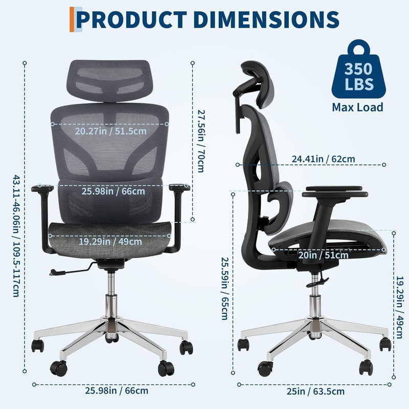 Ergonomic Oversized Office Chair - 440LBS, Adjustable, 3D Armrests, Gray gallery