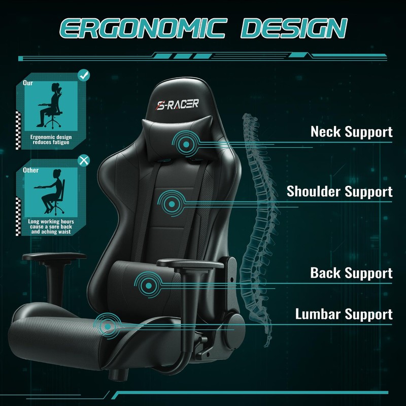 Furniwell Gaming Chair Racing Computer 33D x 25.5W x 45H in, Black gallery