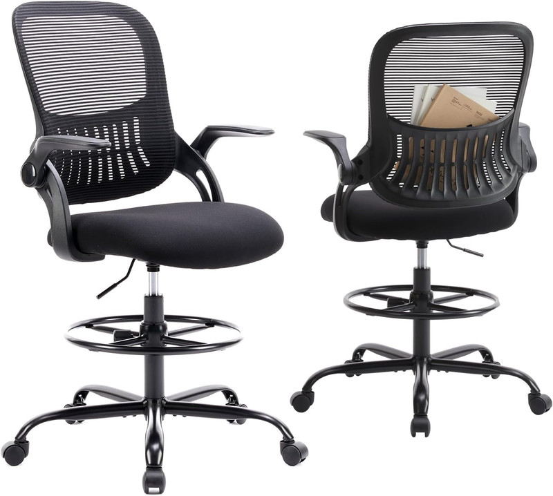 Ergonomic Drafting Chair with Flip-Up Arms for Standing Desks, Black
