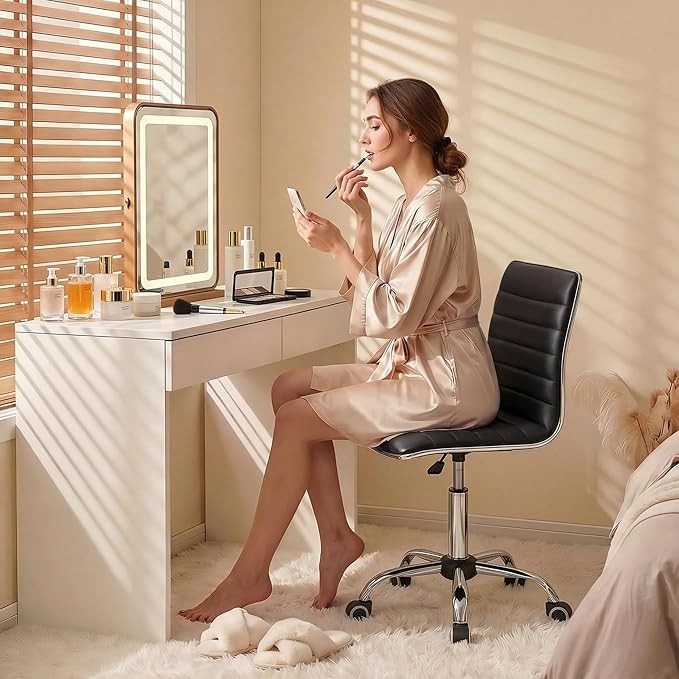 PU Leather Mid Back Office Chair Armless Computer Task Chair Swivel Vanity USA gallery