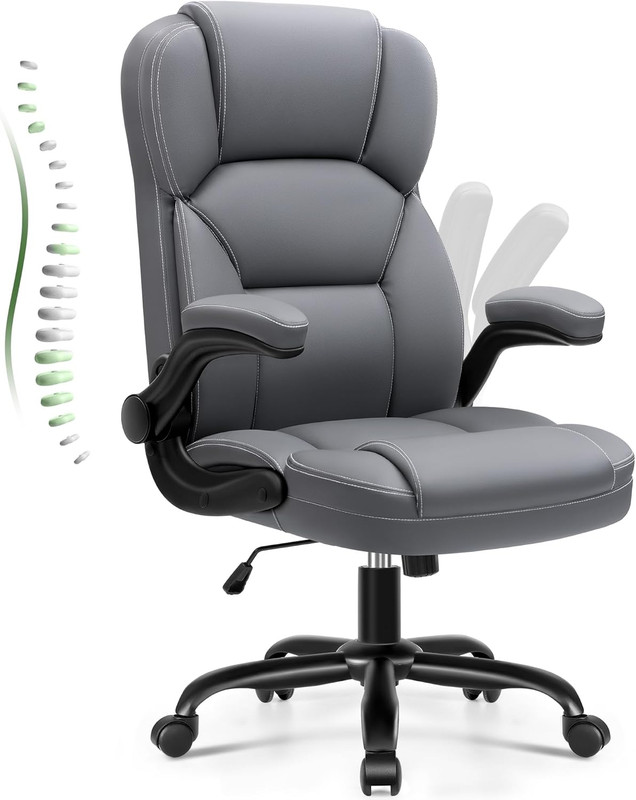 Ergonomic Gray Leather Office Chair with Flip-Up Arms & 360° Swivel