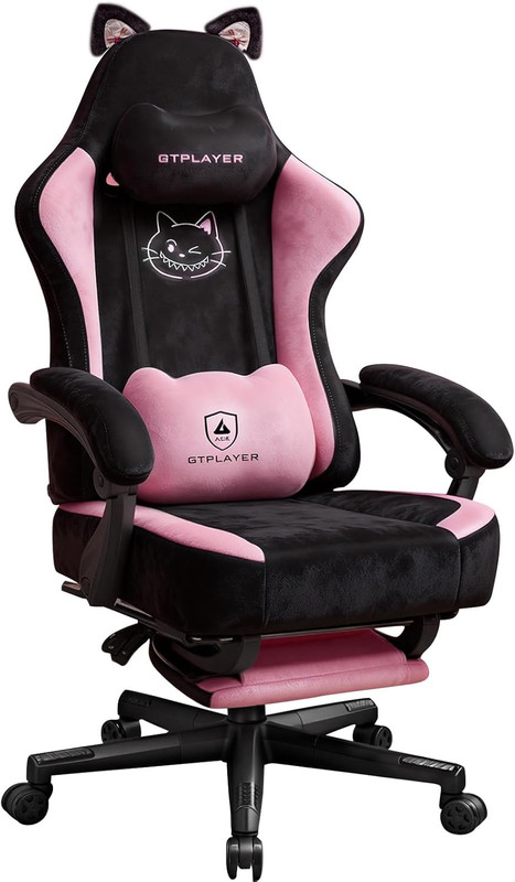 Cute Cat Ear Gaming Chair with Footrest, Ergonomic Pink & Black Design