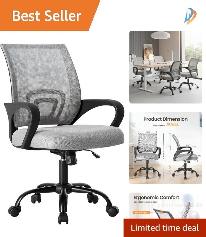 Grey Ergonomic Office Chair with Comfortable Lumbar Support & Wheels