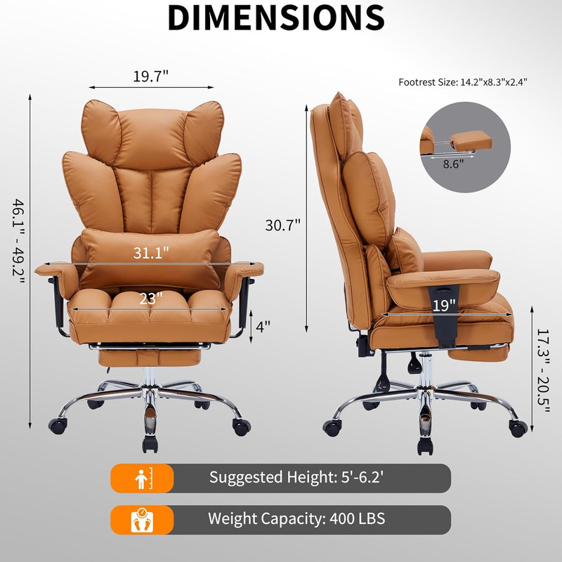 Big & Tall Ergonomic Office Chair with Footrest, 400Lbs, Brown Leather gallery