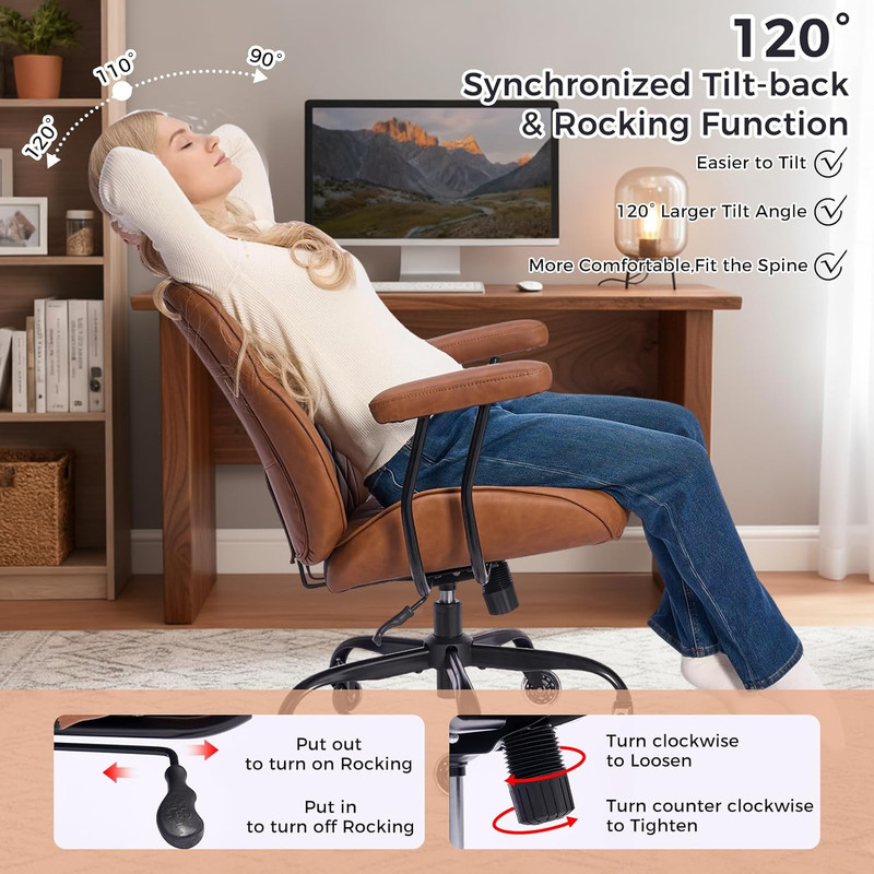 BEWISHOME Brown Leather Office Chair– Features Rubber Wheels and Lumbar Support gallery