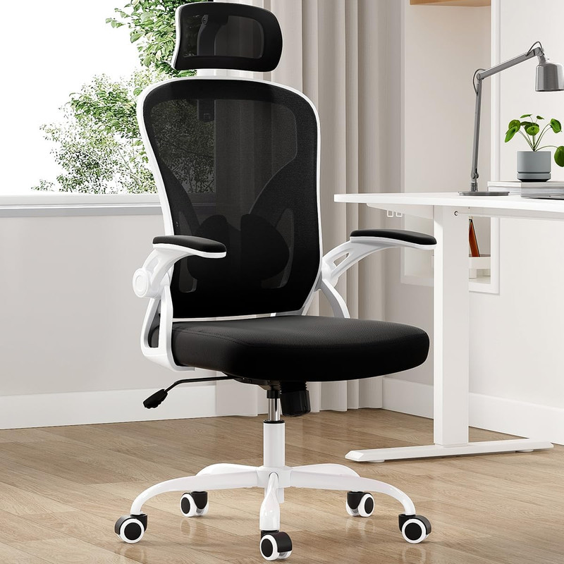 Ergonomic High Back Office Chair with Headrest & Lumbar Support, White/Black