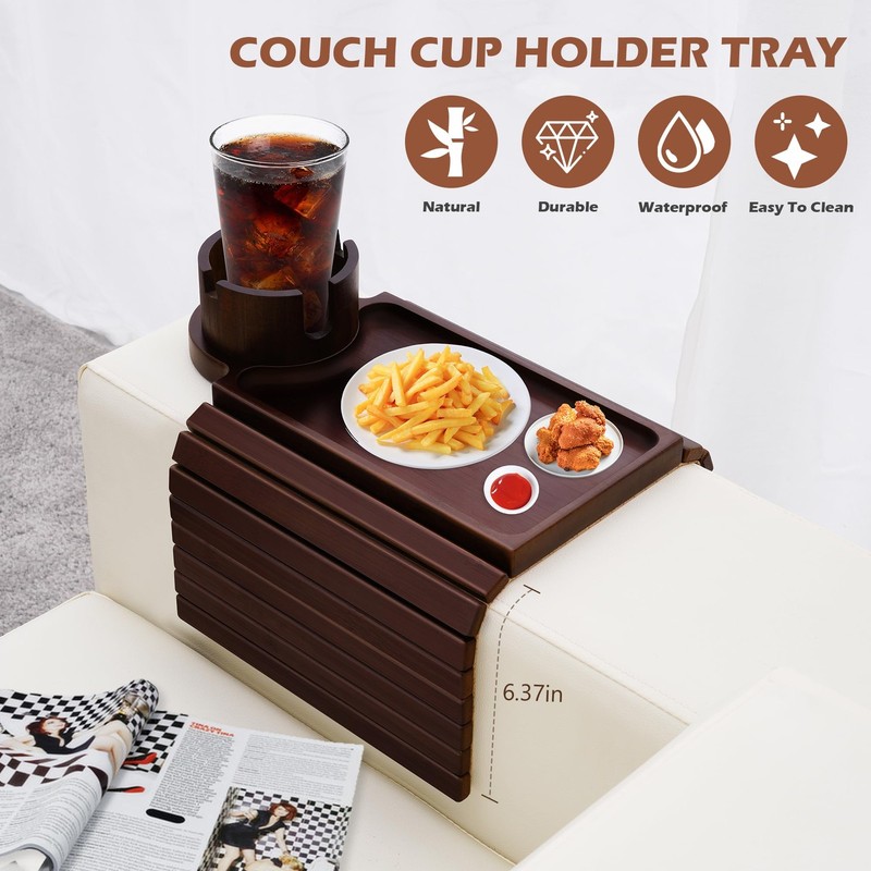 Couch Cup Holder Tray, 3 in 1 Large Couch Arm Table,Bamboo Sofa Clip on Tray ... gallery