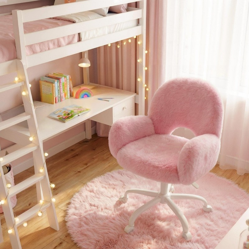 Vanity Chair with Round Hollow Back, Pink Desk Chair with Arms & Wheels, Cute... gallery