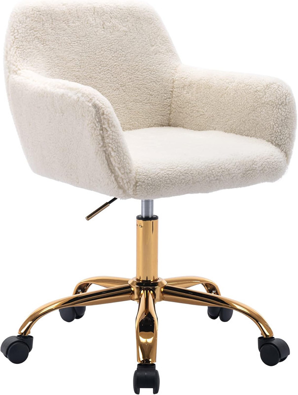 Elegant Faux Fur Swivel Desk Chair with Wheels, Adjustable Height, White