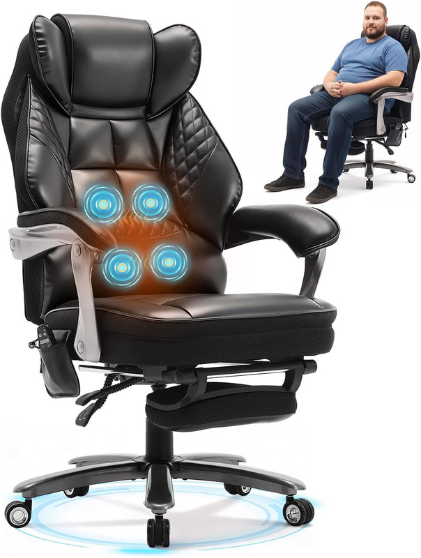 600LBS Big and Tall Office Chair with Massage and Heat, 23.5" Wide Leather Offic gallery