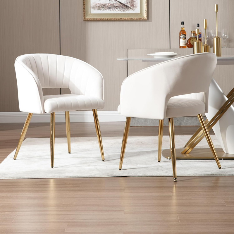Desk Chair No Wheels, Velvet, Gold Legs, Off-White Cream, for Vanity gallery